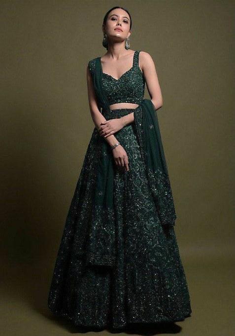 Green Sequins And Dori Work Net Lehenga Set With Dupatta
