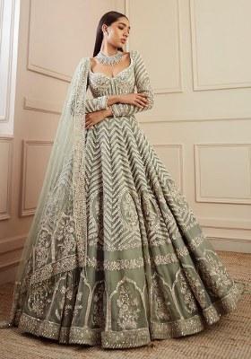 Pista Sequins And Dori Work Silk Blend Lehenga Set With Dupatta