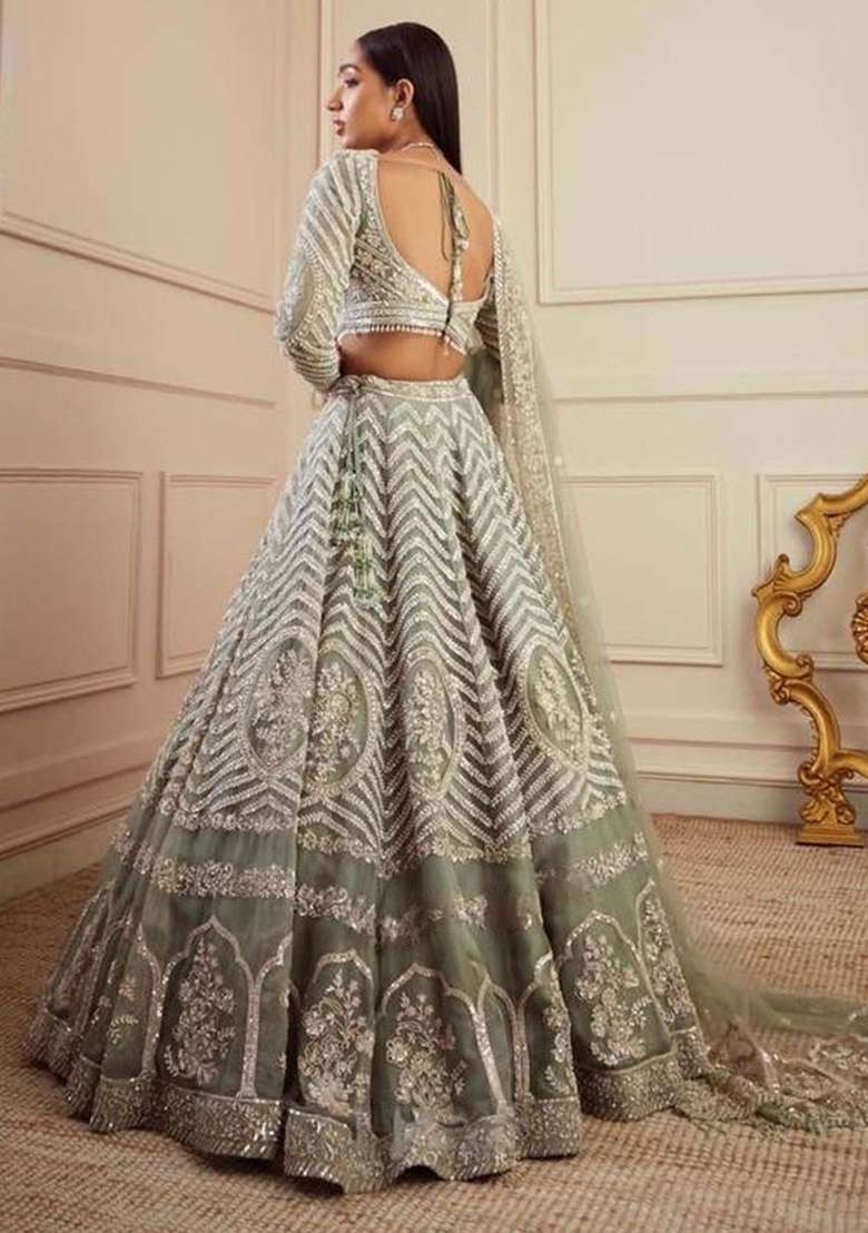 Pista Sequins And Dori Work Silk Blend Lehenga Set With Dupatta for Diwali and Festive Wear - Indya