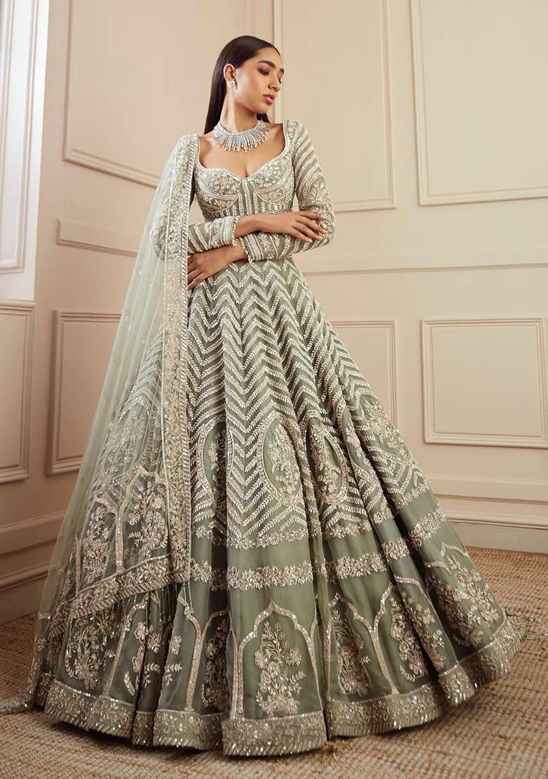 Pista Sequins And Dori Work Silk Blend Lehenga Set With Dupatta for Diwali and Festive Wear - Indya