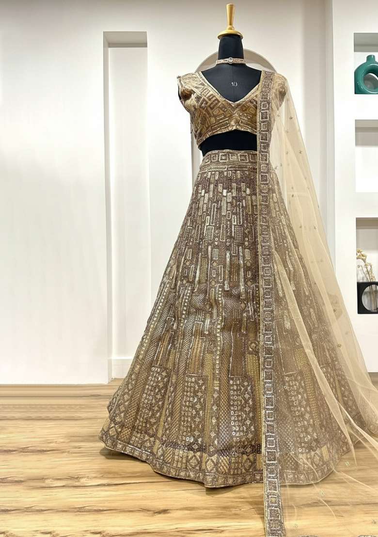 Golden And Dori Work With Dupatta Net Lehenga Set with Sequins for Diwali | Wedding & Festive Wear - Indya