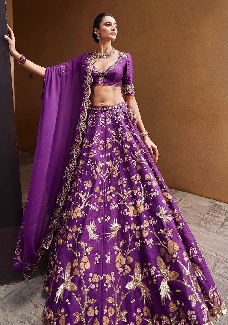 Purple Sequins And Dori Work Silk Blend Lehenga Set With Dupatta for Diwali and Festive Wear - Indya