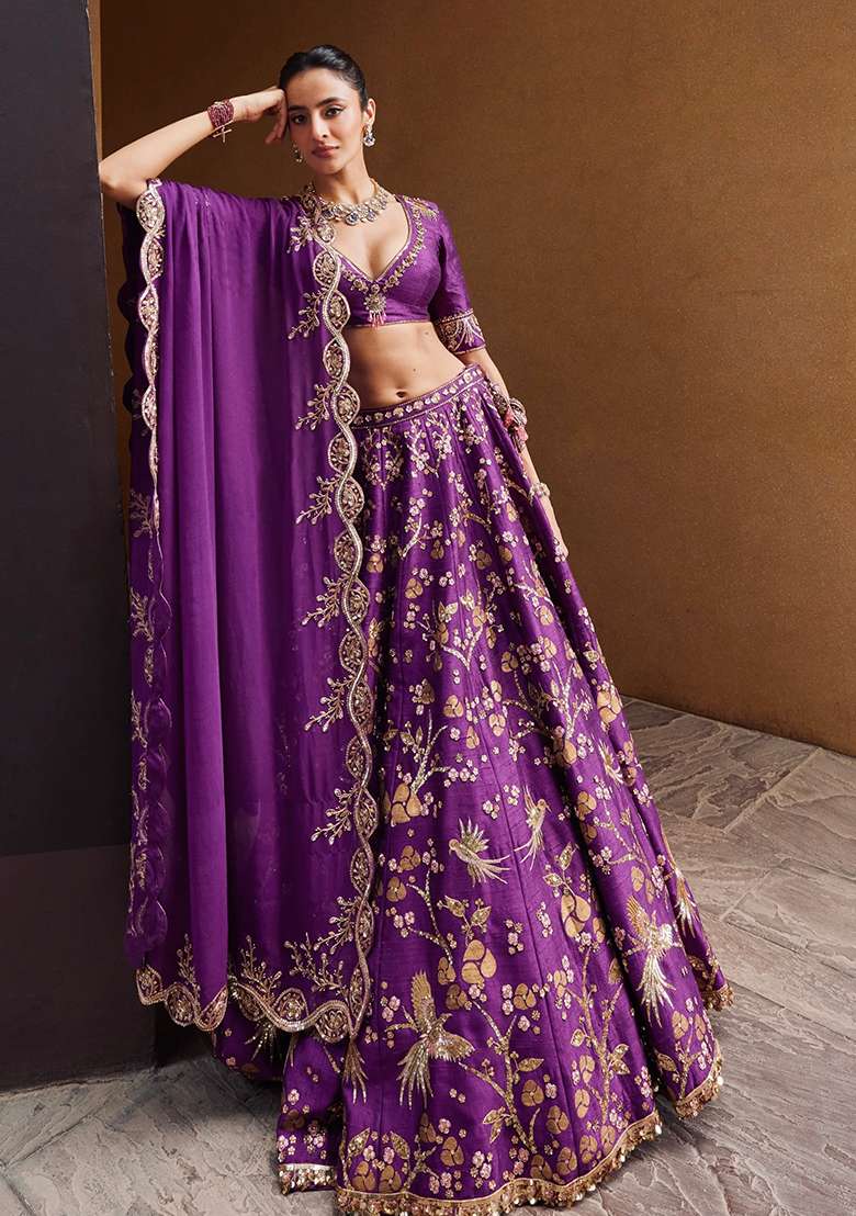 Purple Sequins And Dori Work Silk Blend Lehenga Set With Dupatta for Diwali and Festive Wear - Indya