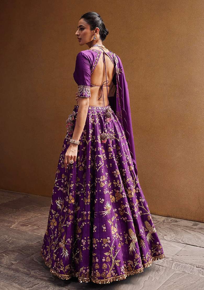 Purple Sequins And Dori Work Silk Blend Lehenga Set With Dupatta for Diwali and Festive Wear - Indya