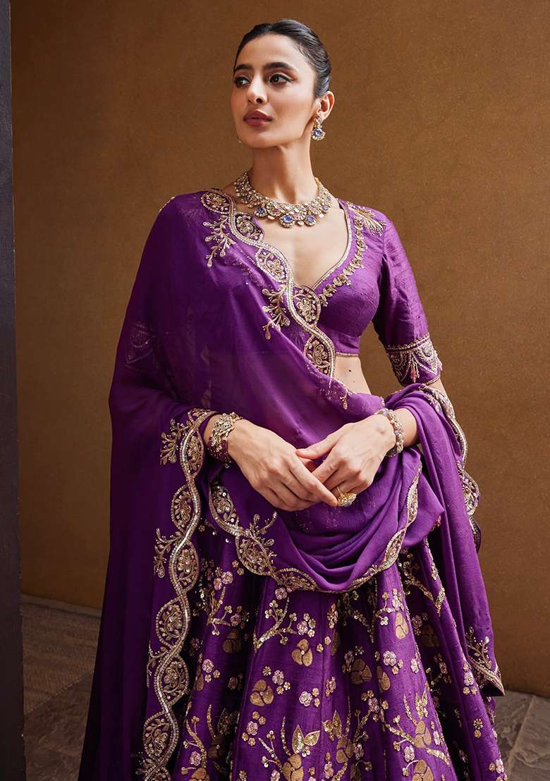 Purple Sequins And Dori Work Silk Blend Lehenga Set With Dupatta for Diwali and Festive Wear - Indya