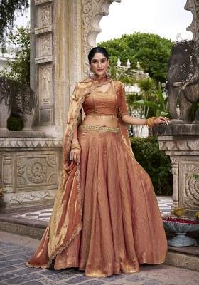 Orange Embroidery Blended Lehenga Set With Dupatta