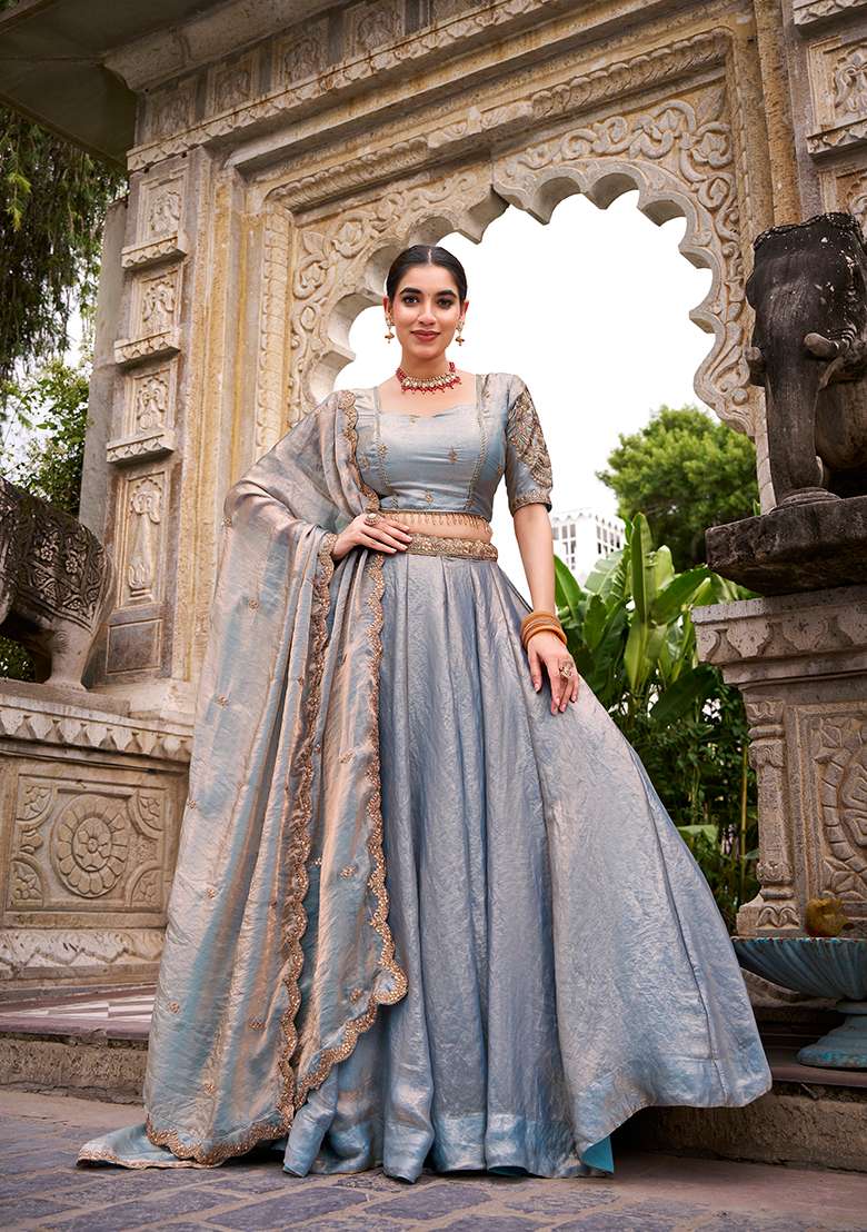 Sky Blue Embroidery Blended Lehenga Set With Dupatta - Indya