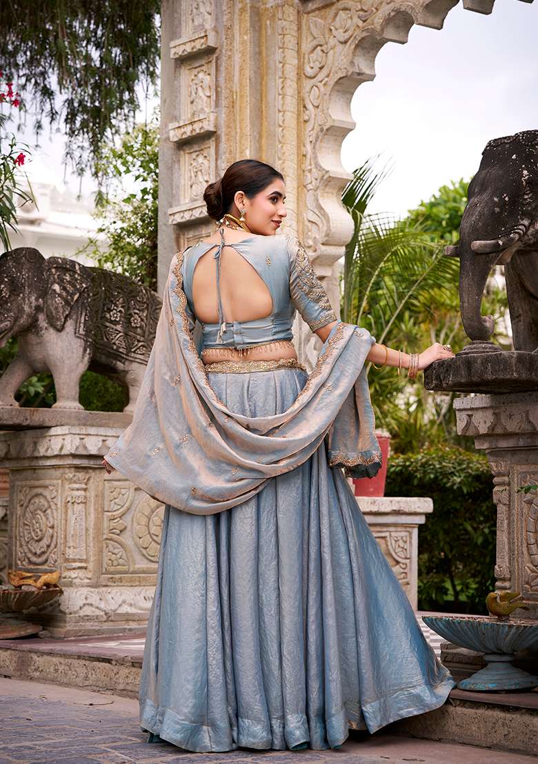 Sky Blue Embroidery Blended Lehenga Set With Dupatta - Indya