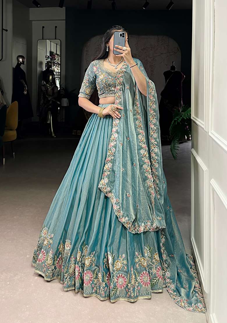Sky Blue Embroidery Zari Shimmer Lehenga Set With Dupatta - Indya