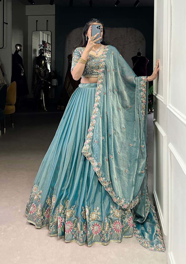 Sky Blue Embroidery Zari Shimmer Lehenga Set With Dupatta - Indya