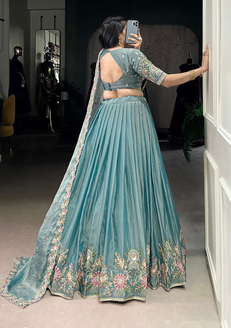 Sky Blue Embroidery Zari Shimmer Lehenga Set With Dupatta - Indya