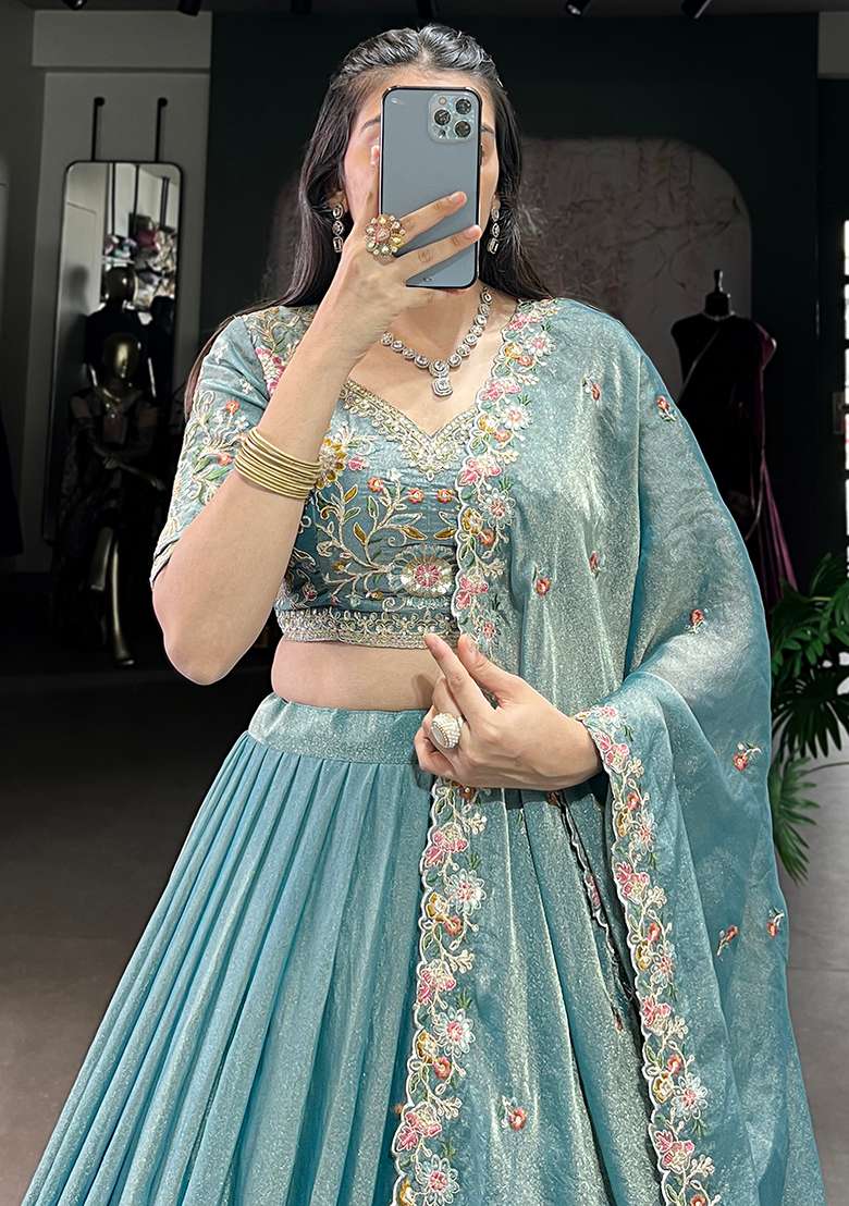 Sky Blue Embroidery Zari Shimmer Lehenga Set With Dupatta - Indya