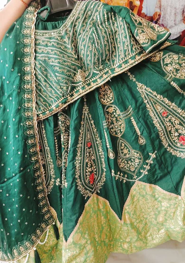 Green Embroidery Silk Blend Lehenga Set With Dupatta - Indya