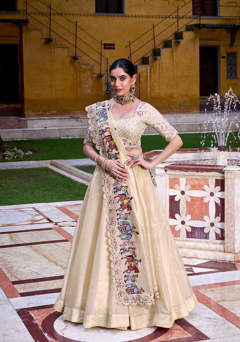 Cream Plain Raspberry Lehenga Set With Dupatta for Diwali and Festive Wear - Indya