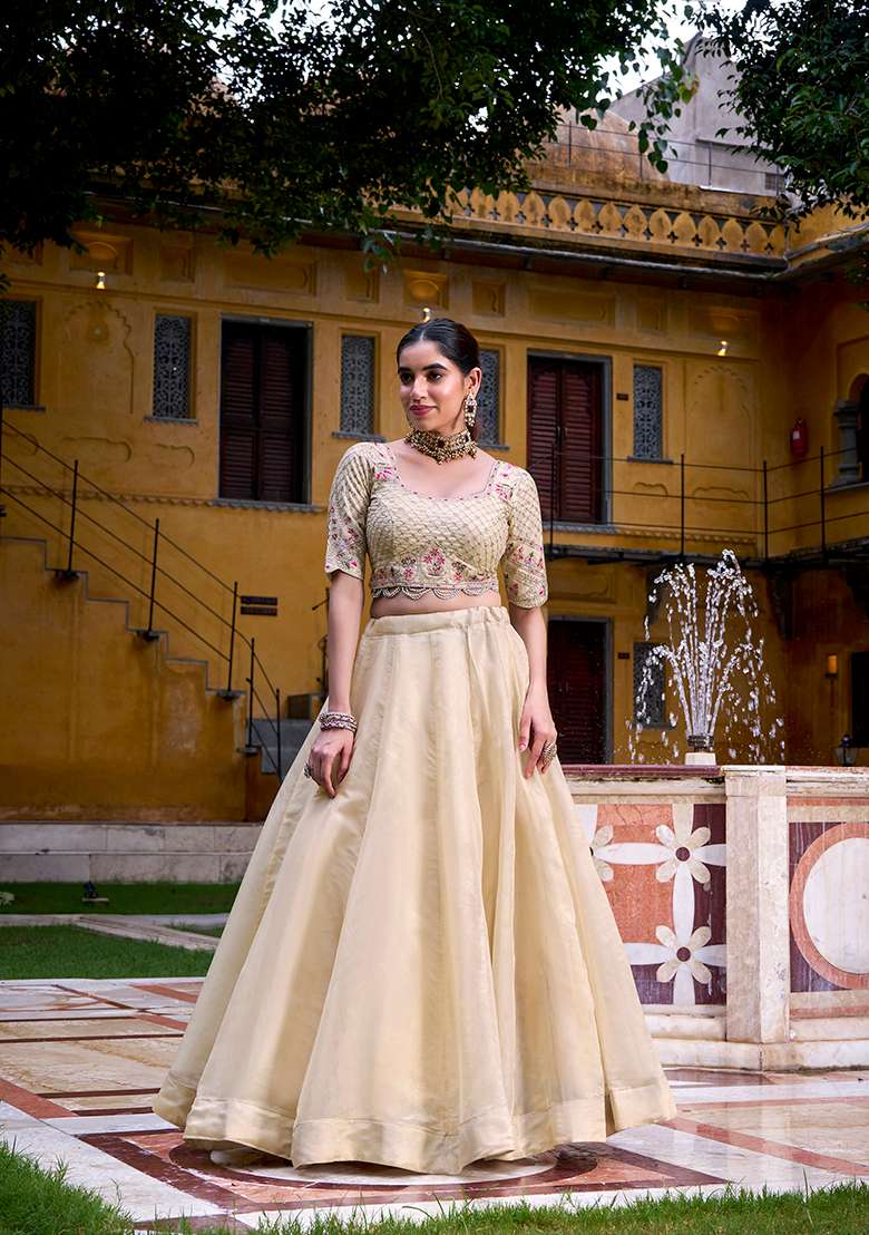 Cream Plain Raspberry Lehenga Set With Dupatta for Diwali and Festive Wear - Indya
