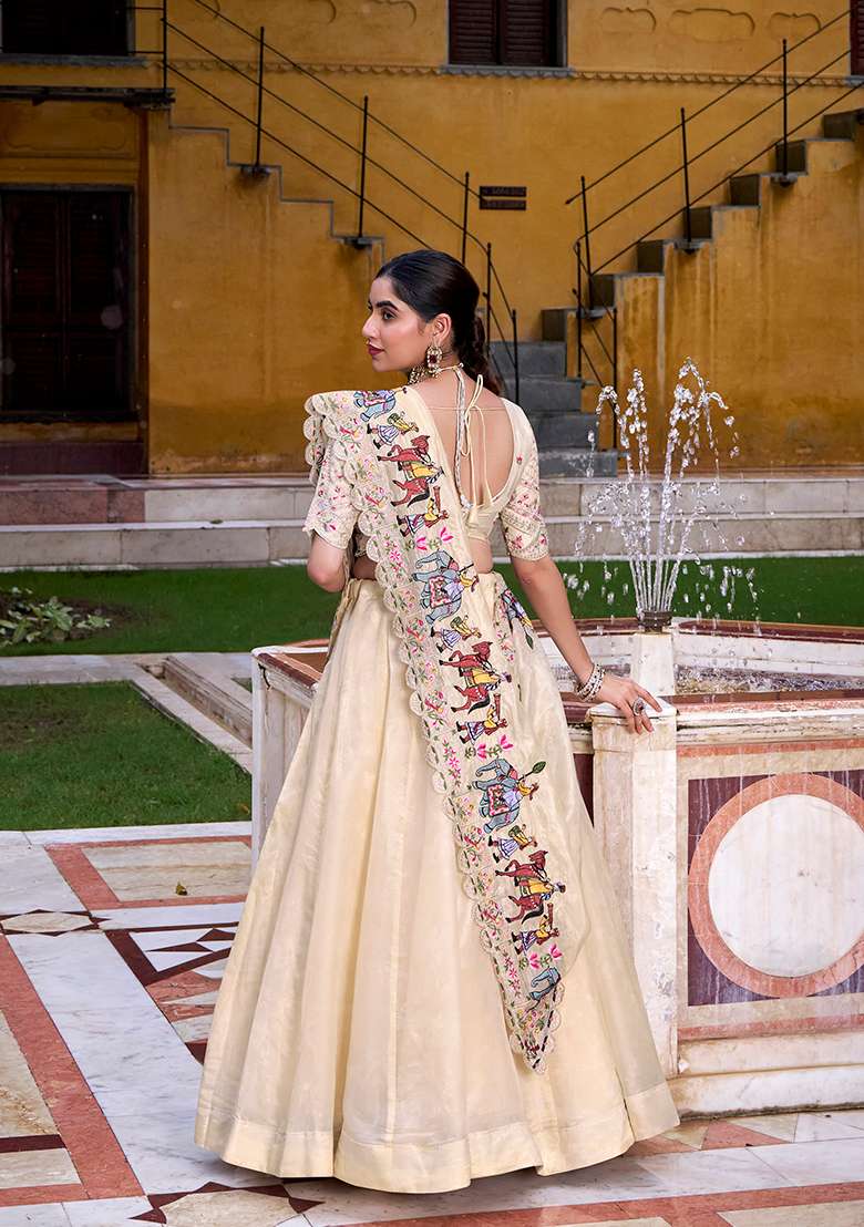 Cream Plain Raspberry Lehenga Set With Dupatta for Diwali and Festive Wear - Indya
