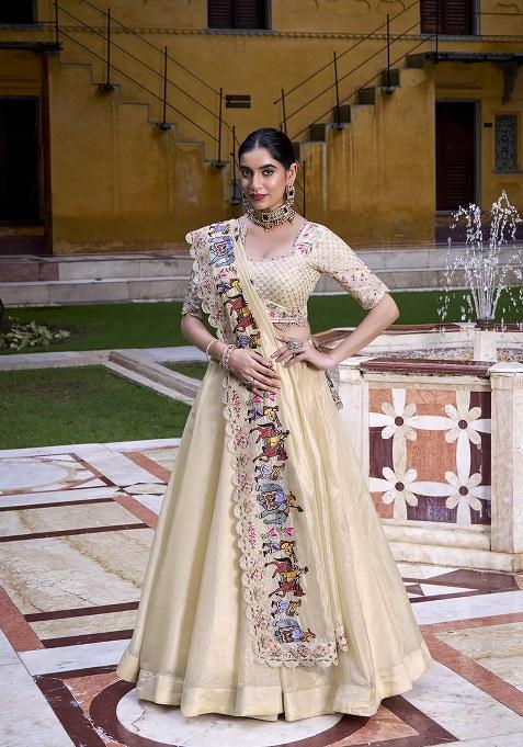 Cream Plain Raspberry Lehenga Set With Dupatta