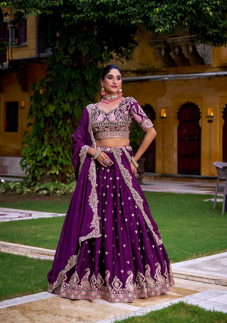 Purple Rangoli Crush With Dupatta Lehenga Set with Embroidery for Diwali | Wedding & Festive Wear - Indya