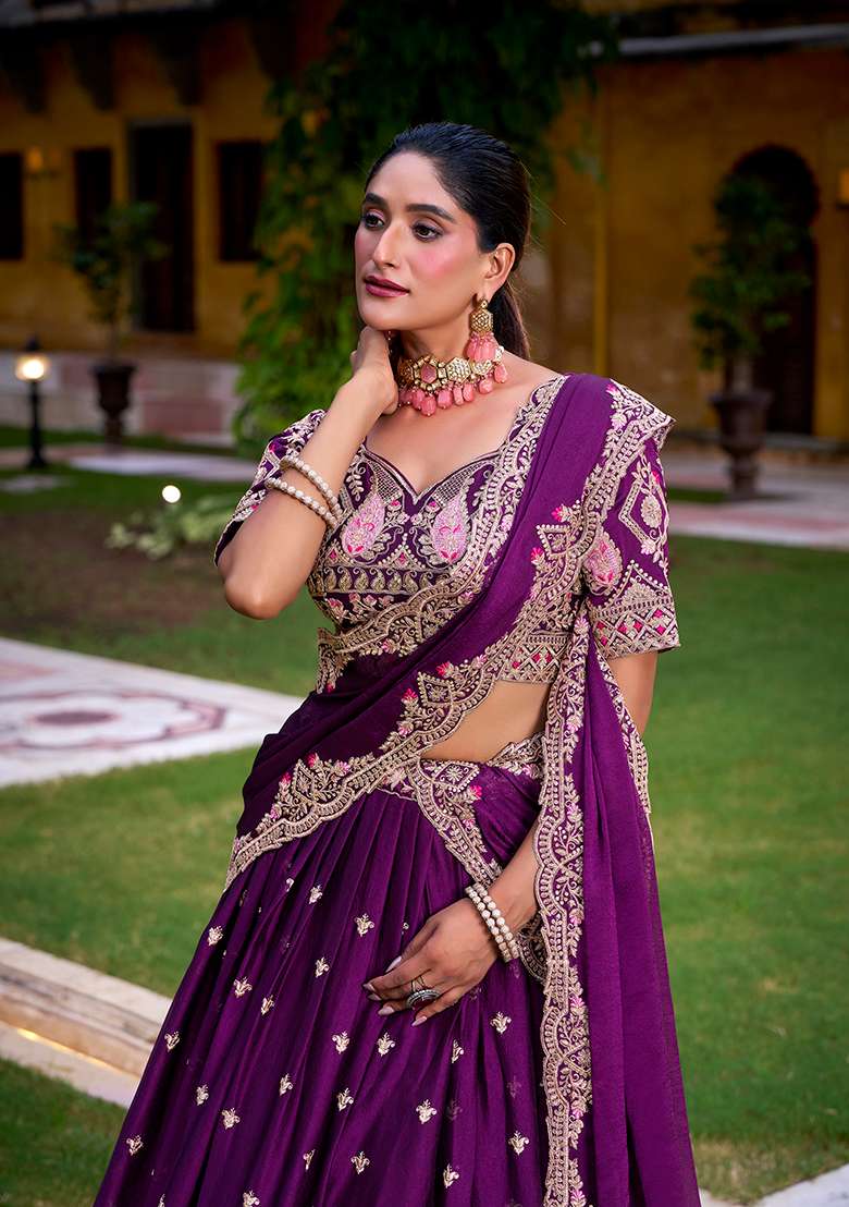 Purple Rangoli Crush With Dupatta Lehenga Set with Embroidery for Diwali | Wedding & Festive Wear - Indya