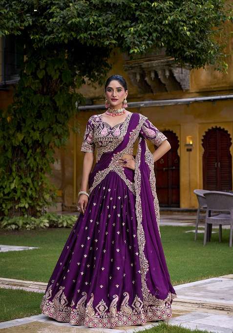 Purple Rangoli Crush With Dupatta Lehenga Set with Embroidery for Diwali | Wedding & Festive Wear