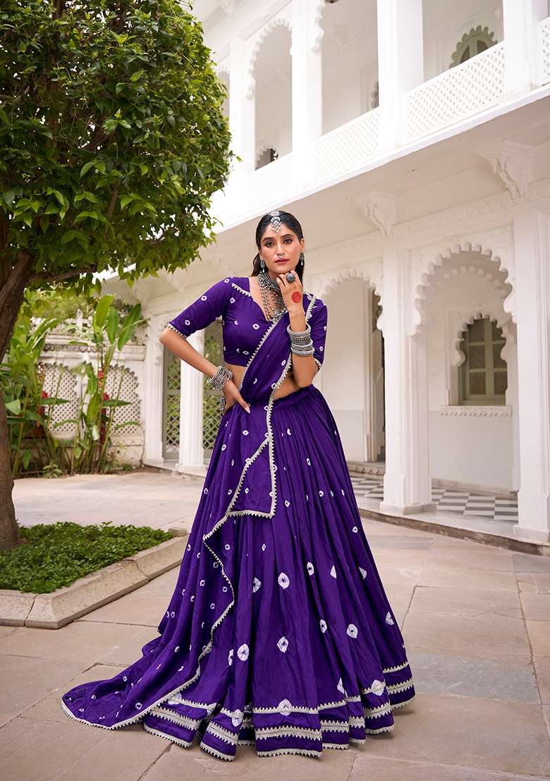 Purple Bandhej Print Chanderi Lehenga Set With Dupatta - Indya