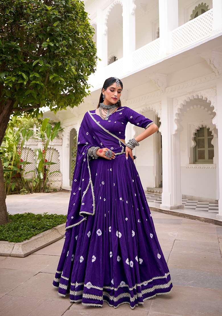 Purple Bandhej Print Chanderi Lehenga Set With Dupatta - Indya
