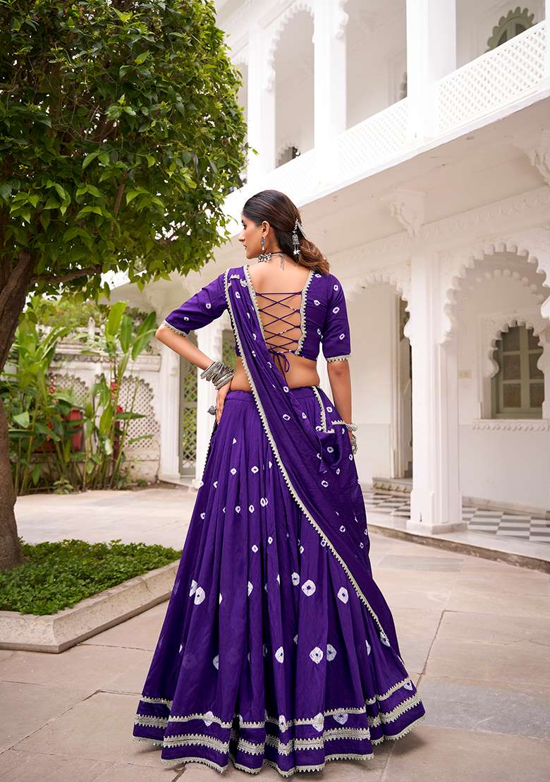 Purple Bandhej Print Chanderi Lehenga Set With Dupatta - Indya