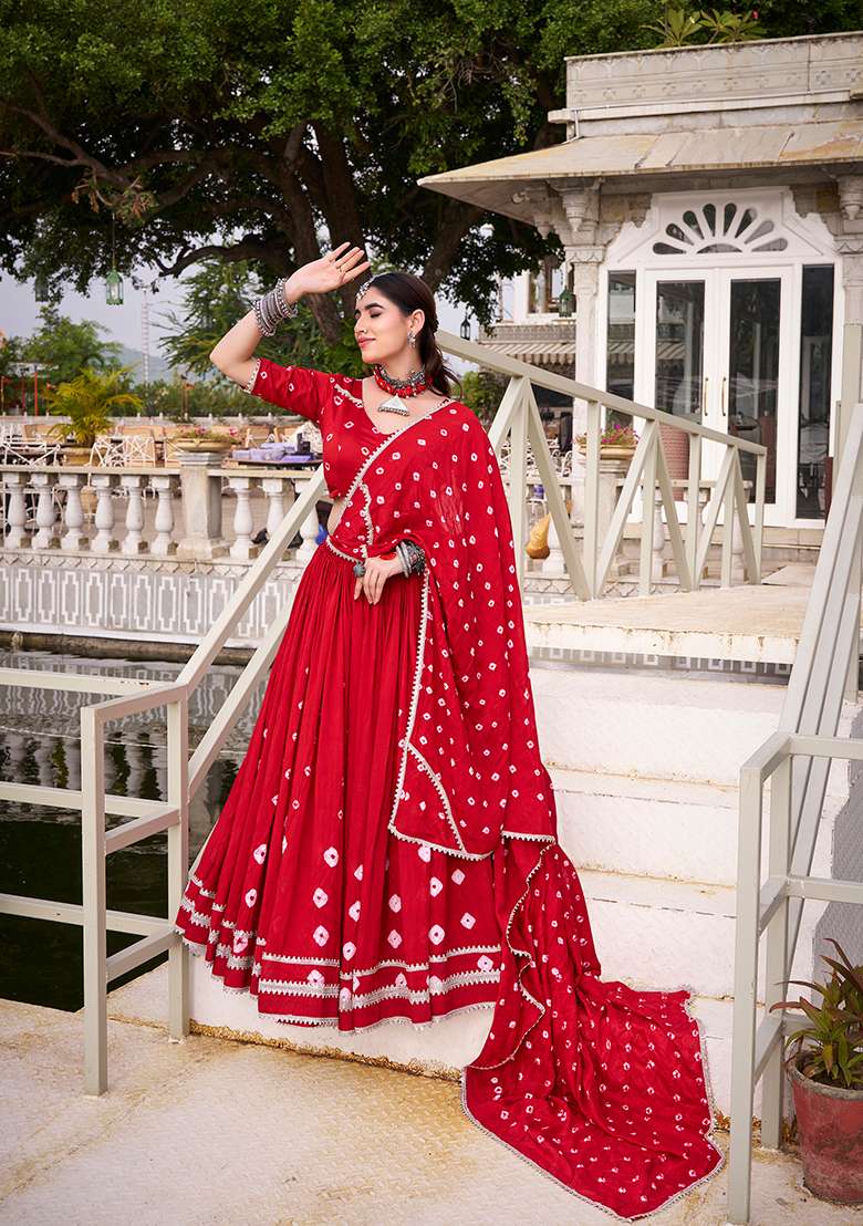 Red Bandhej Print Chanderi Lehenga Set With Dupatta - Indya