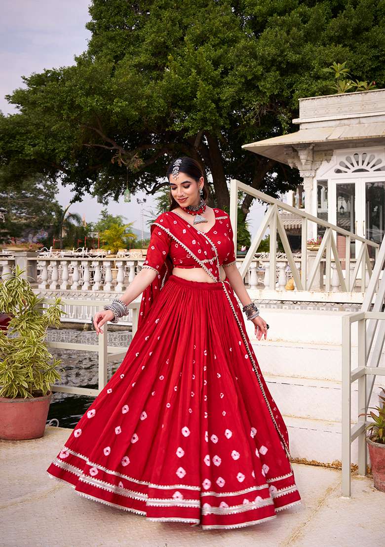 Red Bandhej Print Chanderi Lehenga Set With Dupatta - Indya