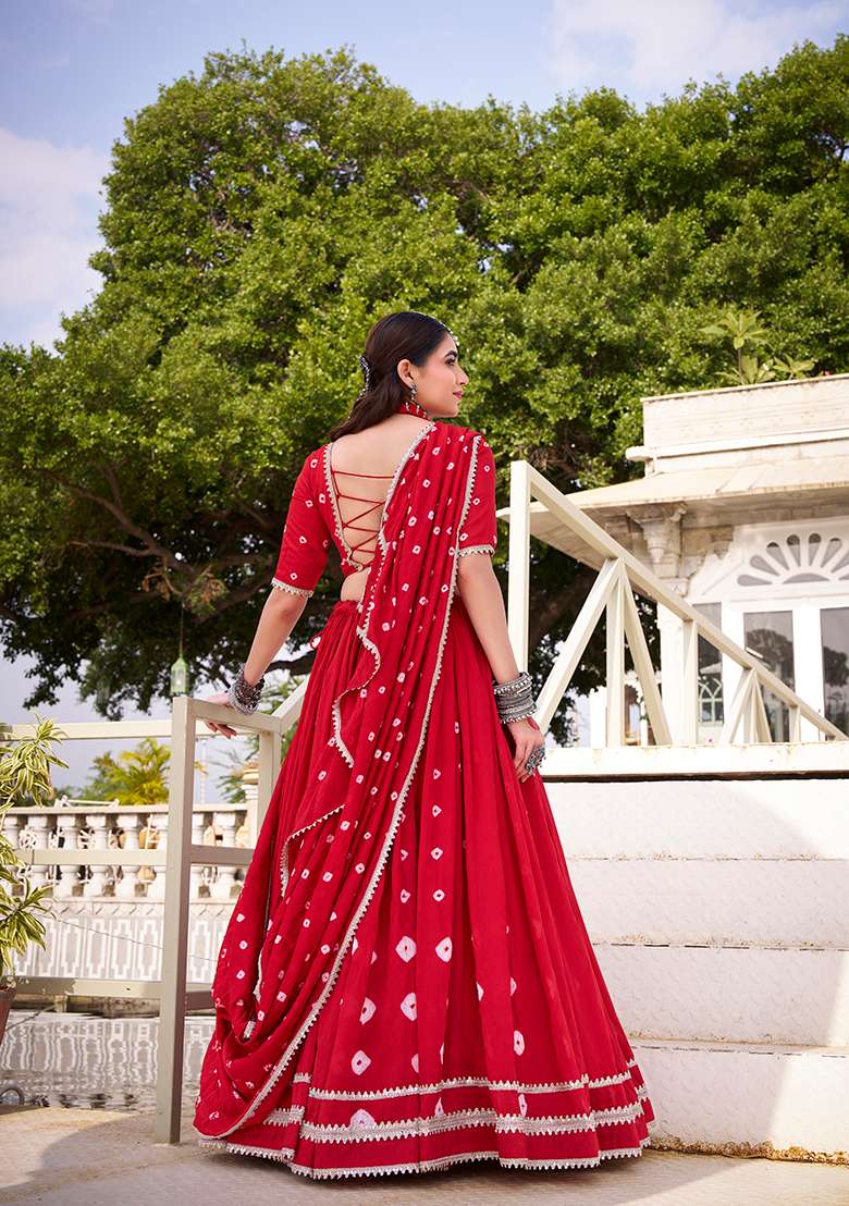Red Bandhej Print Chanderi Lehenga Set With Dupatta - Indya