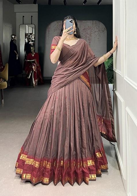 Brown Zari Weaving Chanderi Lehenga Set With Dupatta