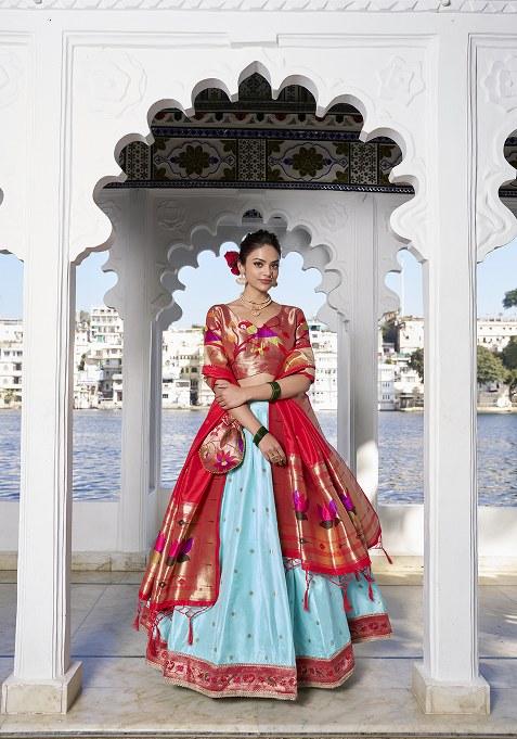 Sky Blue Zari Weaving Silk Lehenga Set With Dupatta
