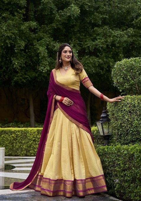 Pink Zari Weaving Kanchipuram Lehenga Set With Dupatta