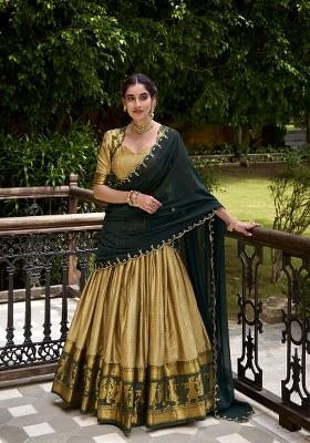 Cream Zari Weaving Cotton Lehenga Set With Dupatta