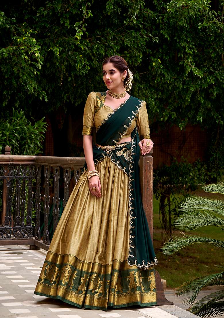 Cream Zari Weaving Cotton Lehenga Set With Dupatta - Indya