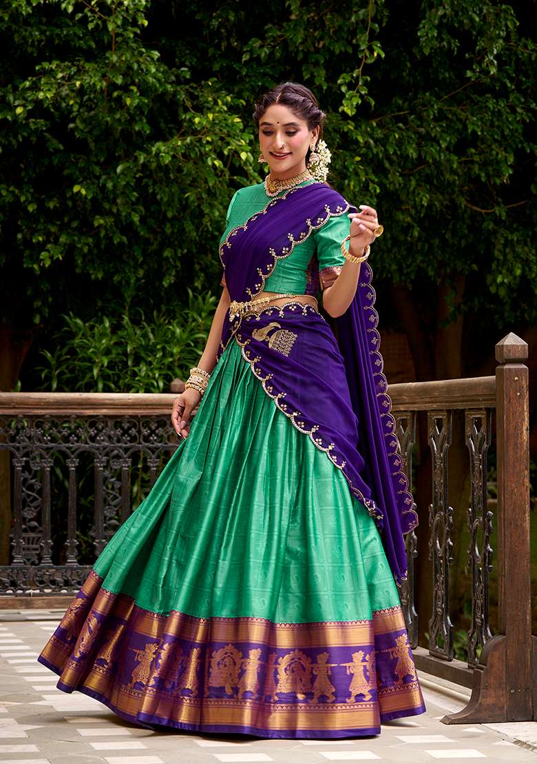 Green Zari Weaving With Dupatta Cotton Lehenga Set for Diwali | Wedding & Festive Wear - Indya