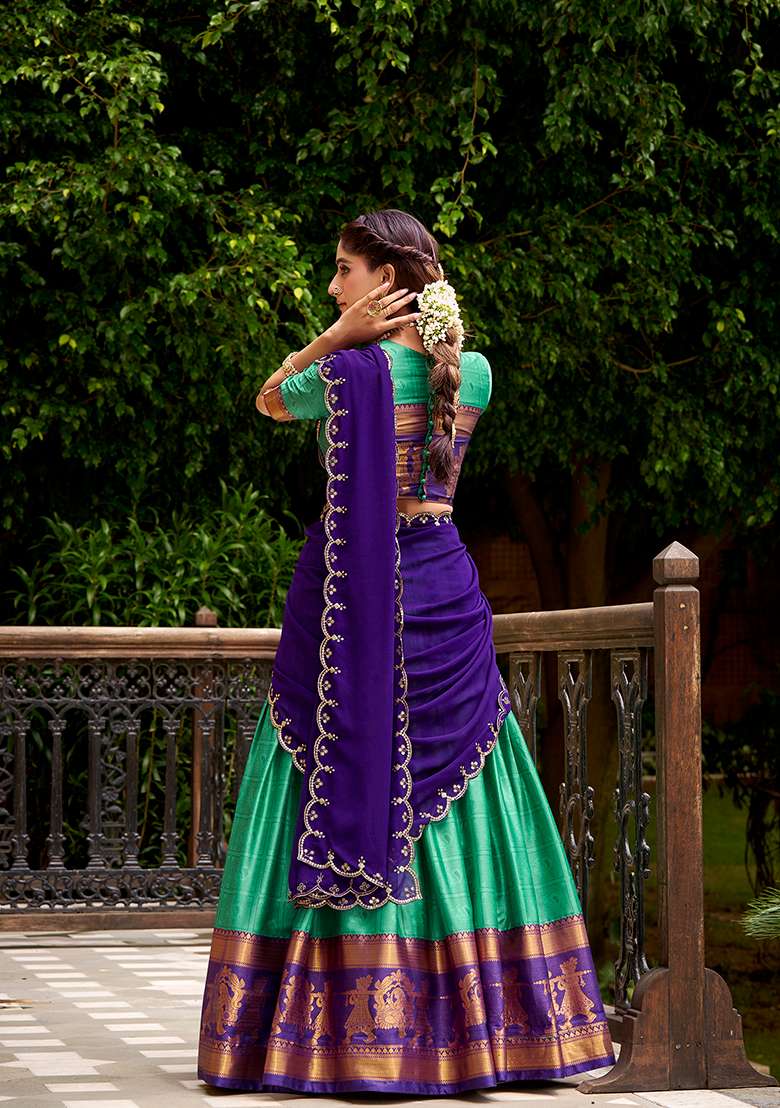 Green Zari Weaving With Dupatta Cotton Lehenga Set for Diwali | Wedding & Festive Wear - Indya