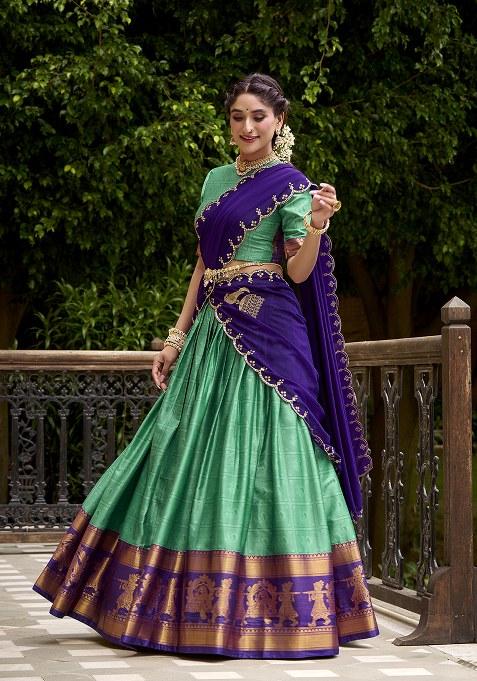 Green Zari Weaving Cotton Lehenga Set With Dupatta