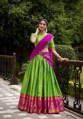 Parrot Zari Weaving Cotton Lehenga Set With Dupatta