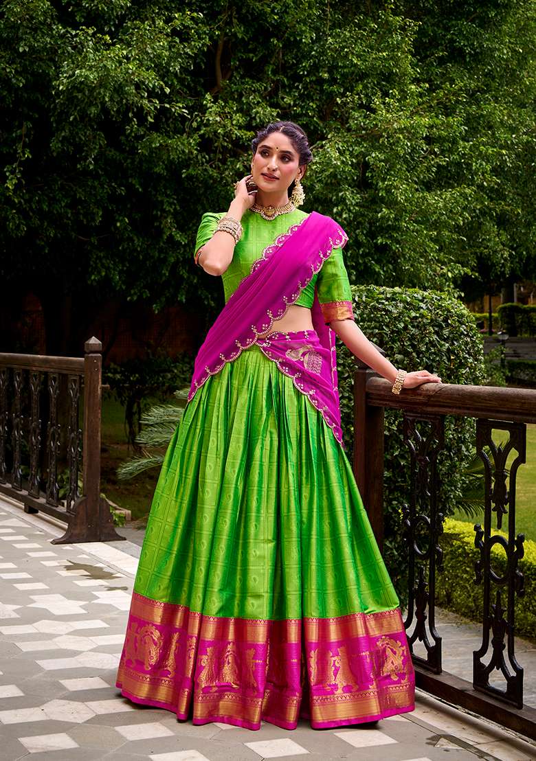 Parrot Zari Weaving With Dupatta Cotton Lehenga Set for Diwali | Wedding & Festive Wear - Indya