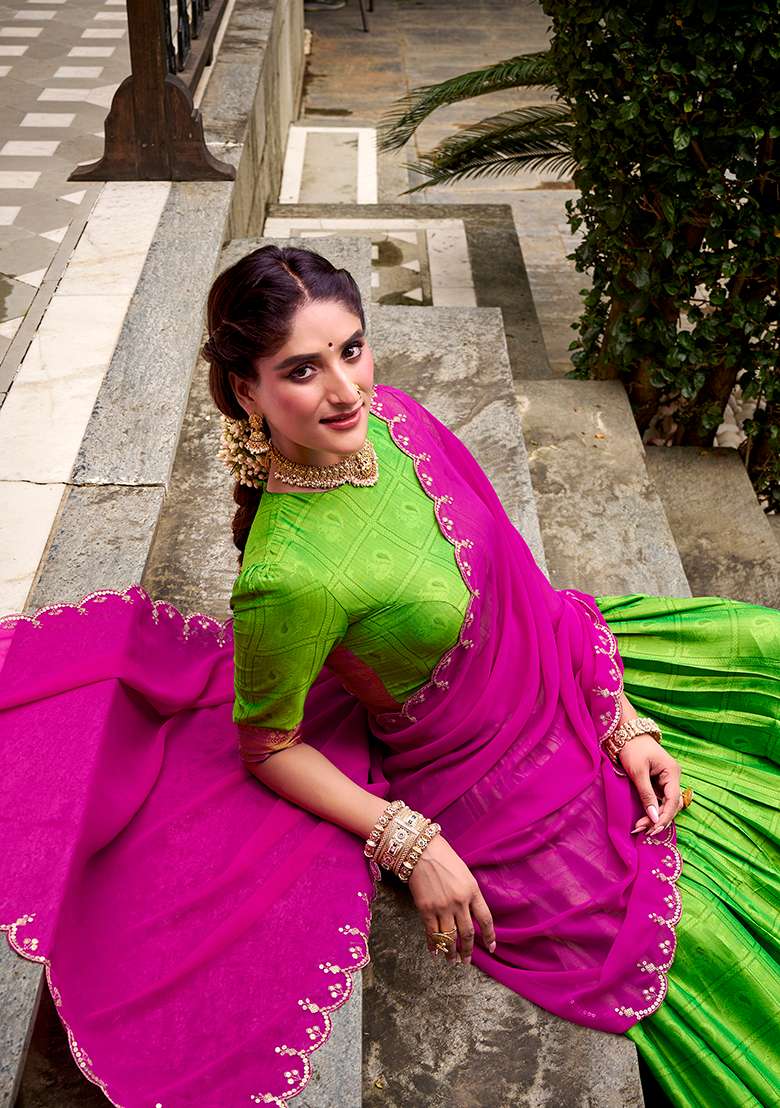 Parrot Zari Weaving With Dupatta Cotton Lehenga Set for Diwali | Wedding & Festive Wear - Indya