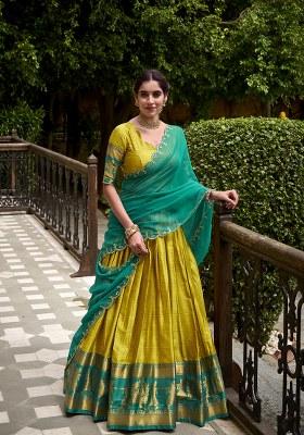 Yellow Zari Weaving Cotton Lehenga Set With Dupatta