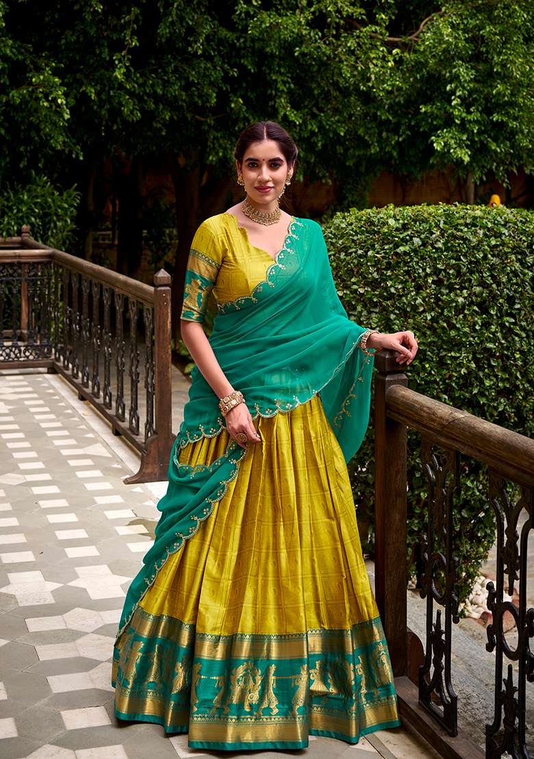 Yellow Zari Weaving Cotton Lehenga Set With Dupatta for Diwali and Festive Wear - Indya