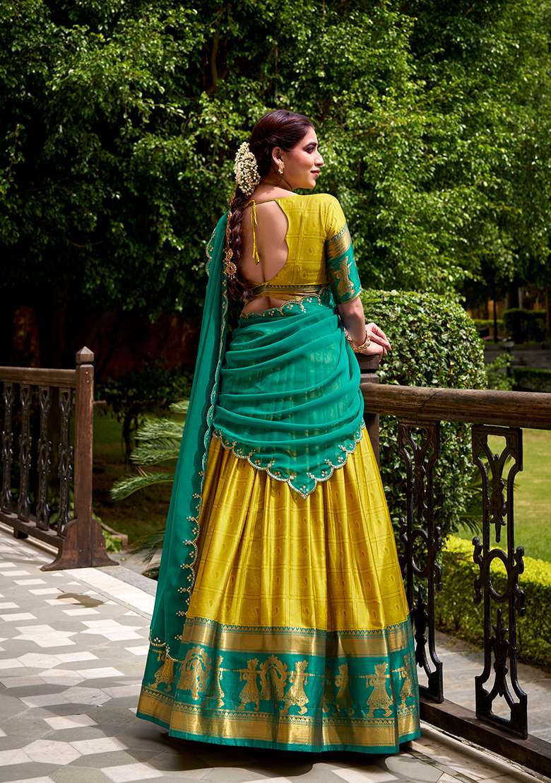 Yellow Zari Weaving Cotton Lehenga Set With Dupatta for Diwali and Festive Wear - Indya
