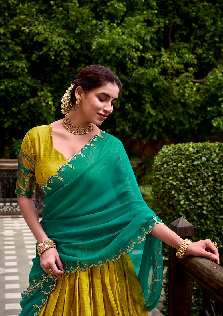 Yellow Zari Weaving Cotton Lehenga Set With Dupatta for Diwali and Festive Wear - Indya