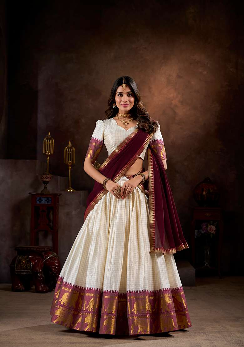White Zari Weaving With Dupatta Cotton Lehenga Set for Diwali | Wedding & Festive Wear - Indya