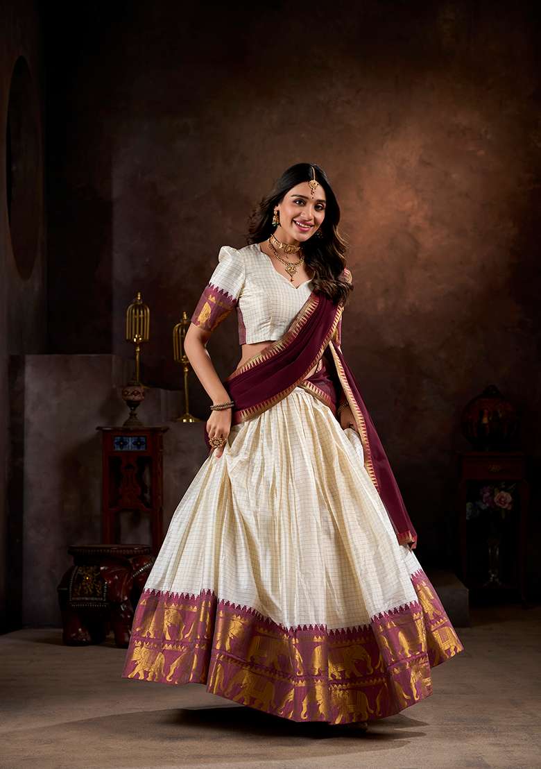 White Zari Weaving With Dupatta Cotton Lehenga Set for Diwali | Wedding & Festive Wear - Indya