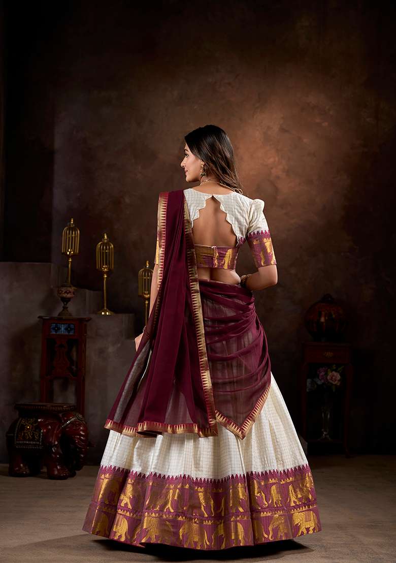 White Zari Weaving With Dupatta Cotton Lehenga Set for Diwali | Wedding & Festive Wear - Indya