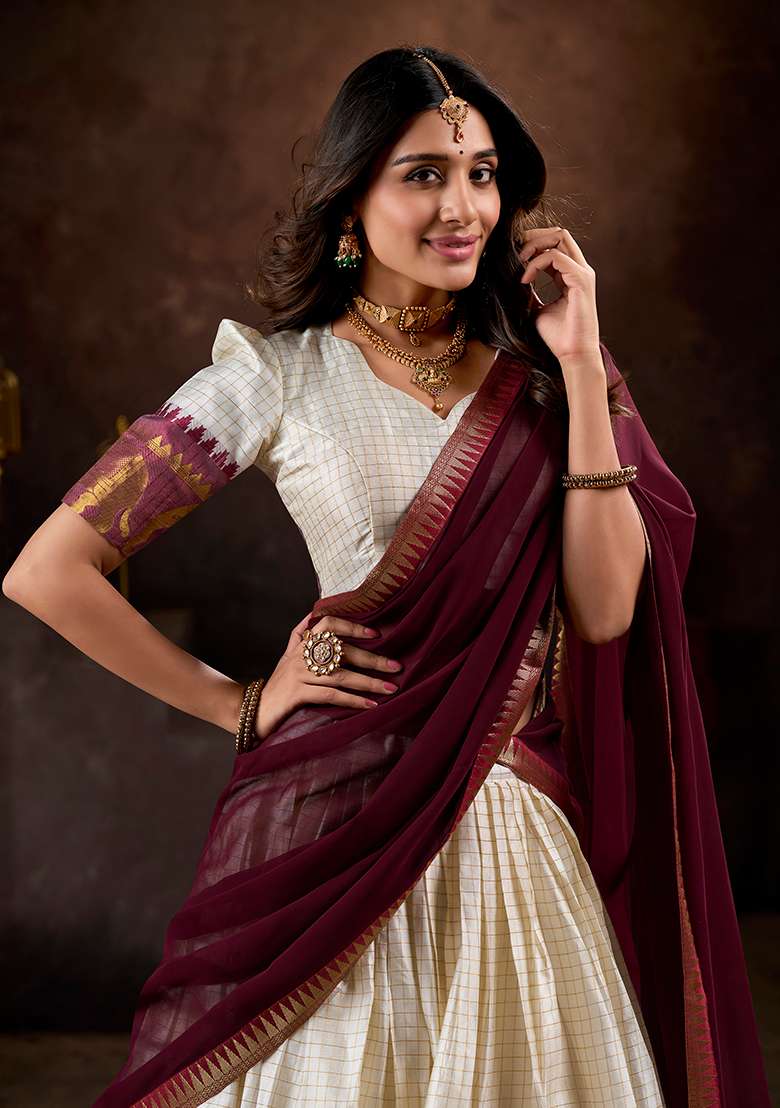 White Zari Weaving With Dupatta Cotton Lehenga Set for Diwali | Wedding & Festive Wear - Indya