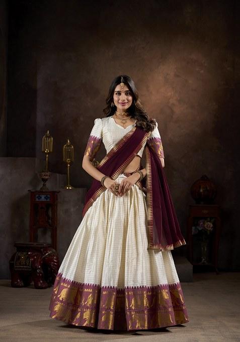 White Zari Weaving Cotton Lehenga Set With Dupatta